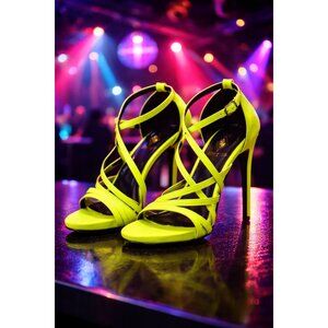 Neon Yellow Strappy Stiletto Heels | 4” High Heel Sandals | Size 10 | Bold Night